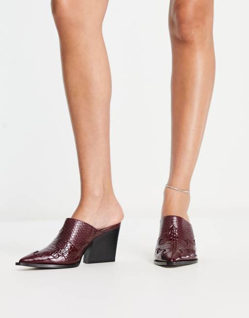 ASOS DESIGN Saxon western heeled mules in burgundy