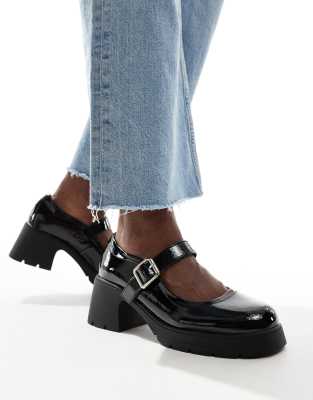 ASOS DESIGN - Saxton - Mary-Jane-Schuhe in schwarzer Lackoptik mit Absatz und dicker Sohle