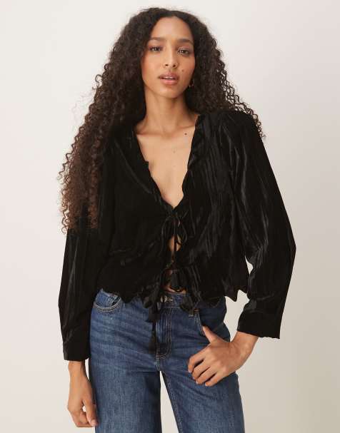 ASOS DESIGN scallop detail puff sleeve velvet top in black - view 1