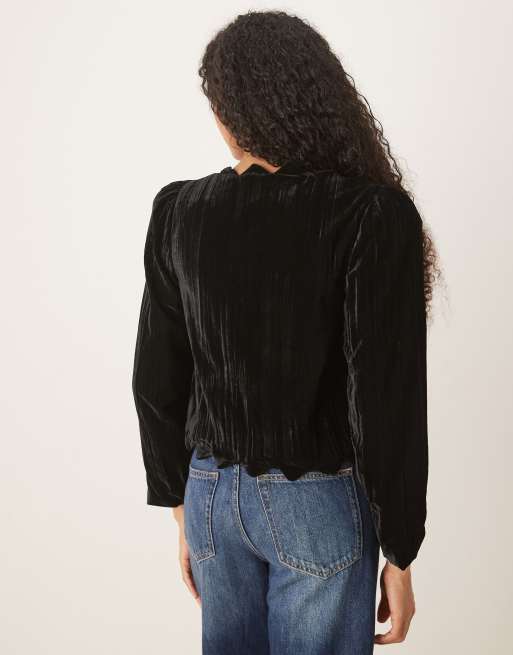 ASOS DESIGN scallop detail puff sleeve velvet top in black, 2 of 4