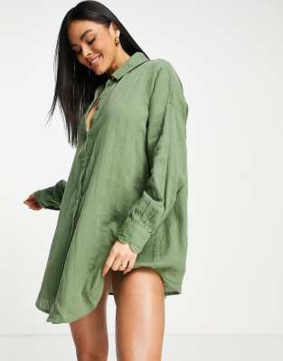 Asos Design Scallop Edge Beach Shirt In Khaki-green
