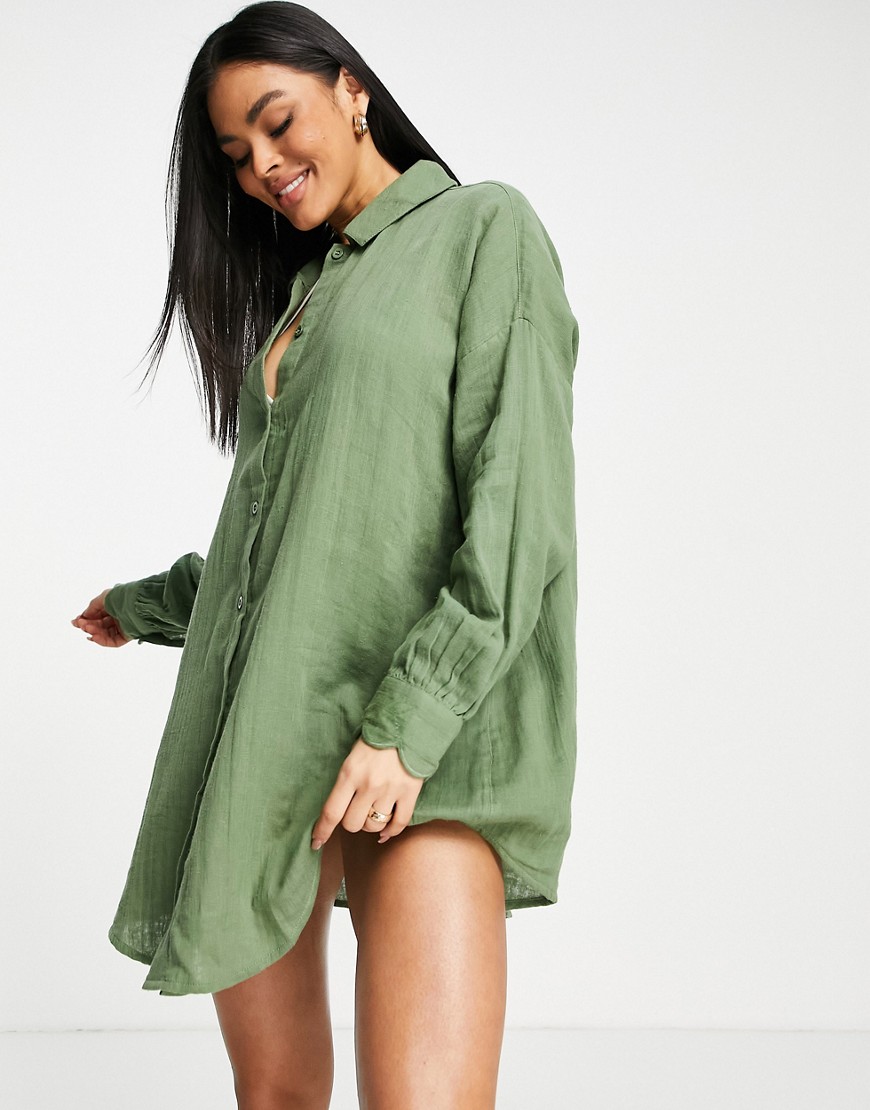 ASOS DESIGN scallop edge beach shirt in khaki-Green