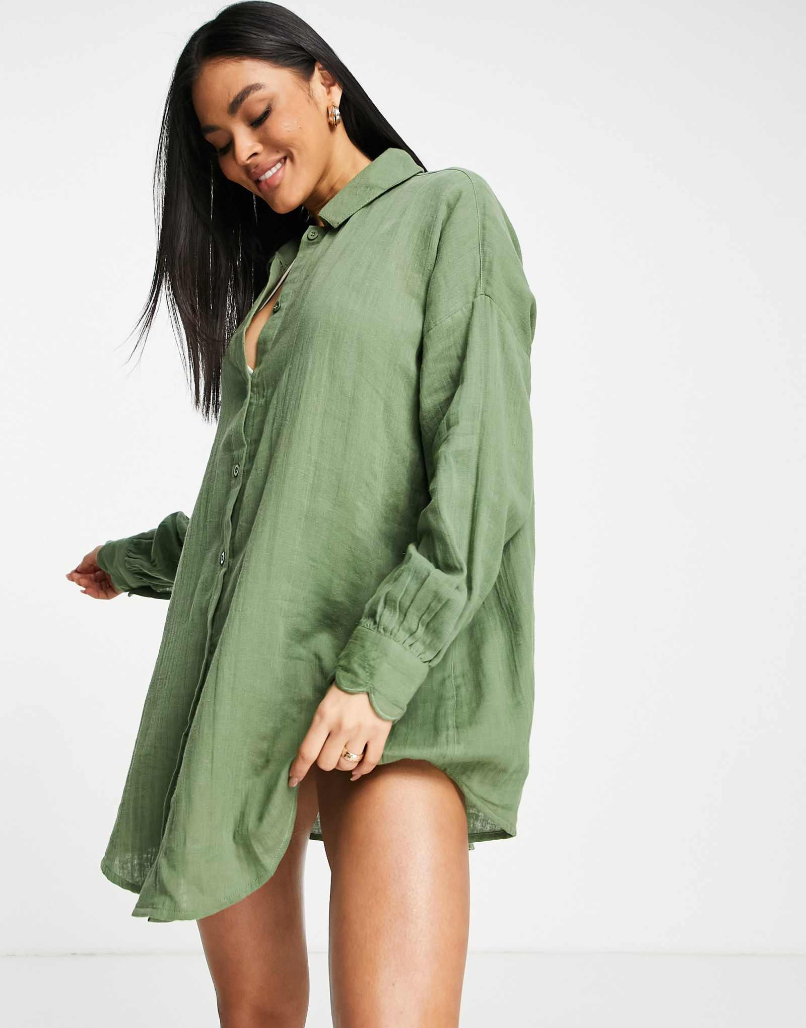 Пляжная рубашка ASOS DESIGN с волнистым краем цвета хаки