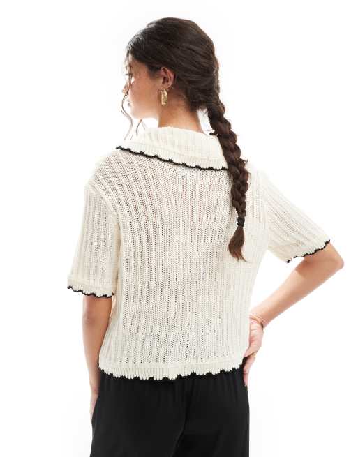 ASOS DESIGN scallop edge collar cardigan with ties in cream