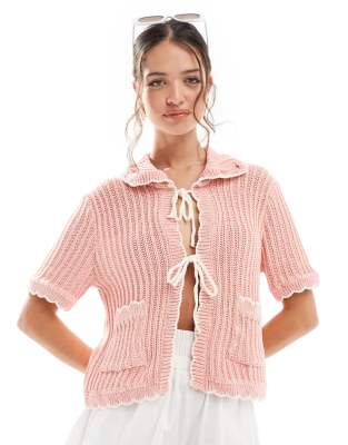 ASOS DESIGN scallop edge collar cardigan with ties in pink-Multi