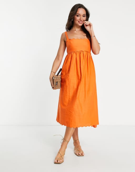 ASOS DESIGN scallop edge cut out back midi sundress in orange | ASOS