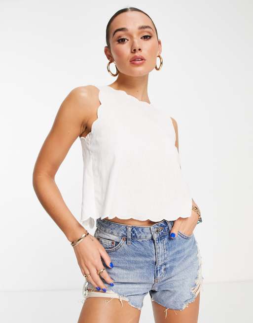 ASOS DESIGN scallop edge linen top with slit back detail in ivory