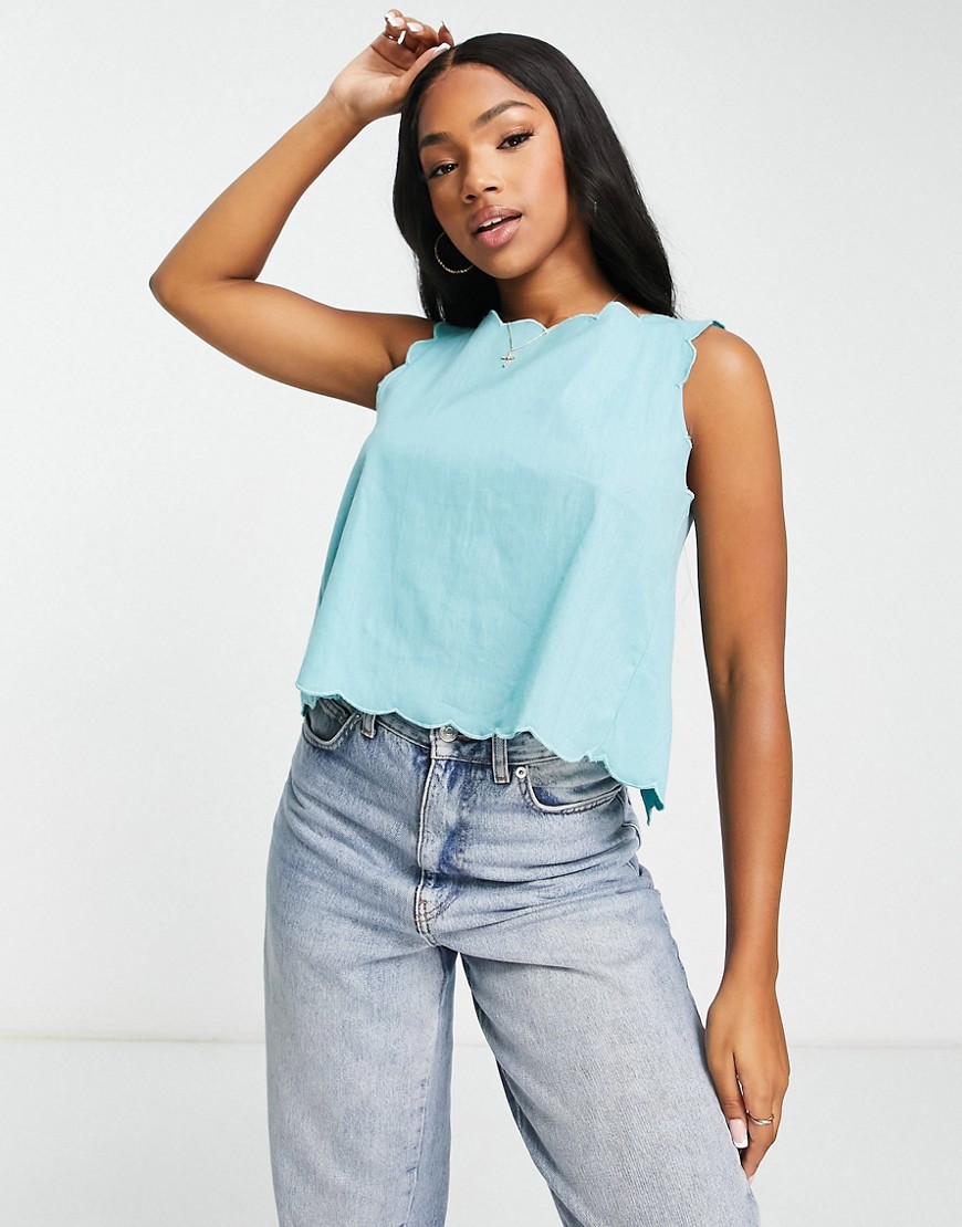 Asos Design Scallop Edge Linen Top With Split Back Detail In Teal-multi
