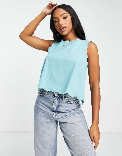 ASOS DESIGN scallop edge linen top with split back detail in Teal