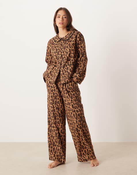 ASOS DESIGN scallop edge woven shirt and pants pajama set in leopard print - view 1