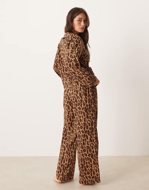 ASOS DESIGN scallop edge woven shirt and trouser pyjama set in leopard print