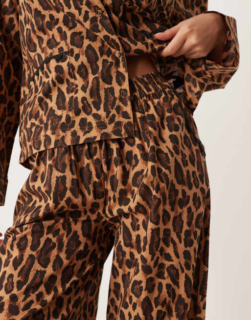 ASOS DESIGN scallop edge woven shirt and trouser pyjama set in leopard print