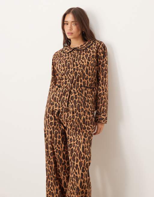 ASOS DESIGN scallop edge woven shirt and trouser pyjama set in leopard print