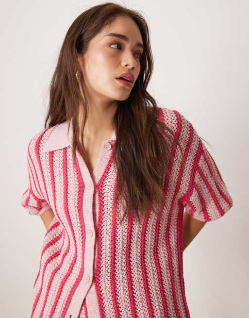 ASOS Design scallop edges knit shirt in pink stripes - part of a set 