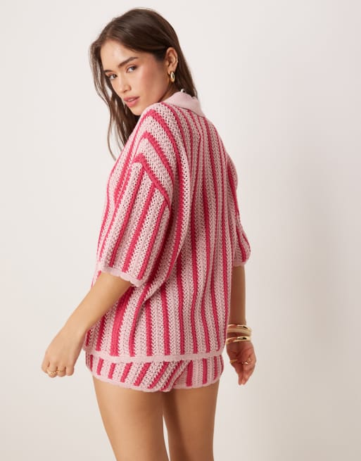 ASOS Design scallop edges knit shirt in pink stripes - part of a set 