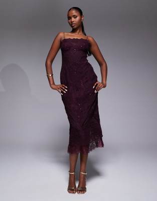 Asos Design Scallop Embroidered Lace Midi Dress With Sequins In Brown