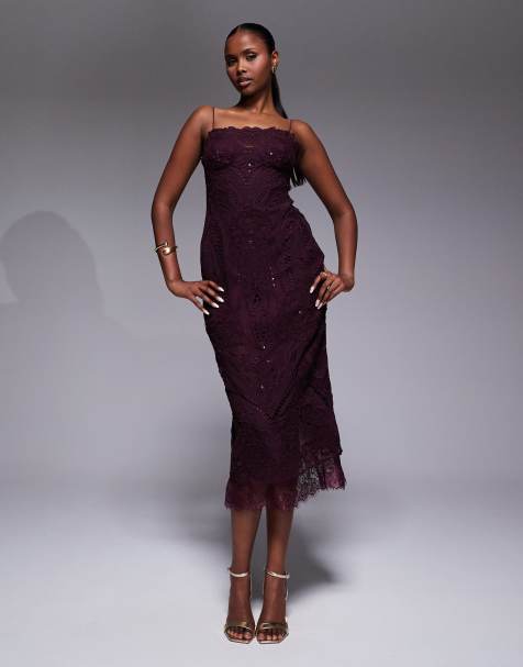 ASOS DESIGN scallop embroidered lace midi dress with sequins in mulberry