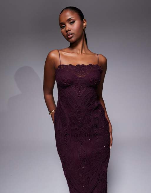 ASOS DESIGN scallop embroidered lace midi dress with sequins in mulberry