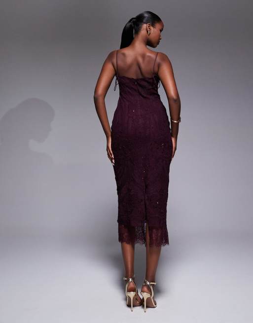 ASOS DESIGN scallop embroidered lace midi dress with sequins in mulberry