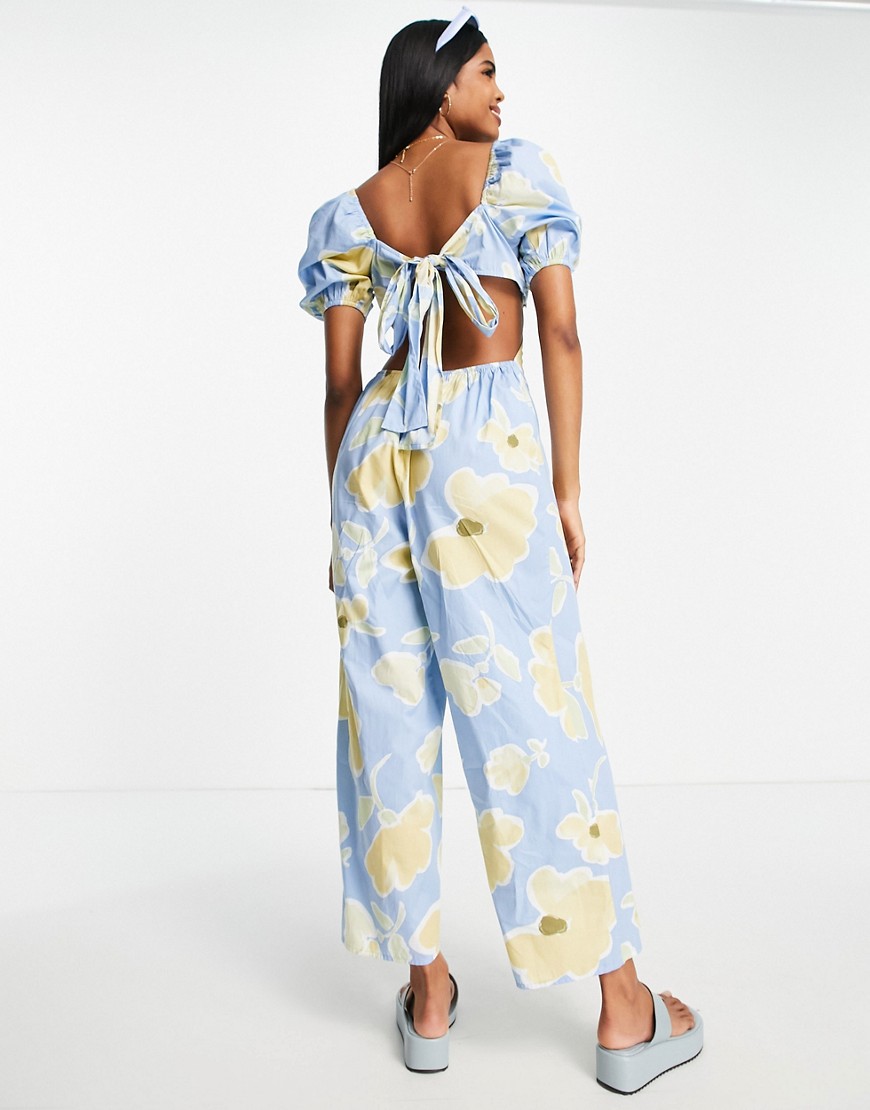 ASOS DESIGN scallop neck jumpsuit with puff sleeve in bold floral print-Multi