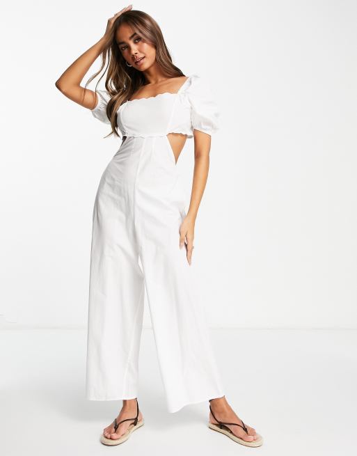 ASOS DESIGN scallop neck jumpsuit with puff sleeve in white