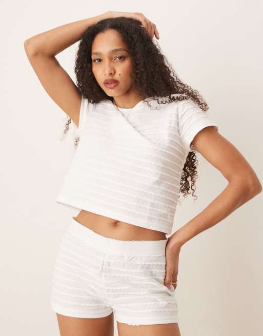 ASOS DESIGN scallop pointelle button through tee & short pyjama set in white