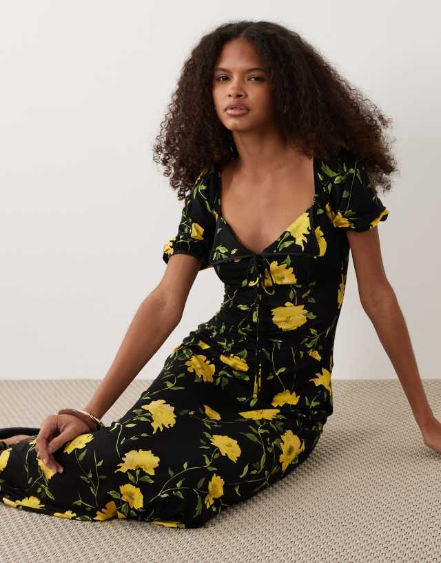 ASOS DESIGN scallop trim collar puff sleeve seam detailing maxi day dress in dark floral print
