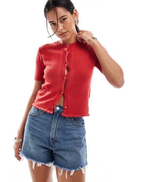 ASOS DESIGN scallop trim short sleeve cardigan with gold buttons in red - view 1