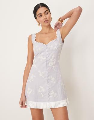 Asos Design Scalloped Button Down Mini Dress With Pleated Hem And Floral Embroidery-purple