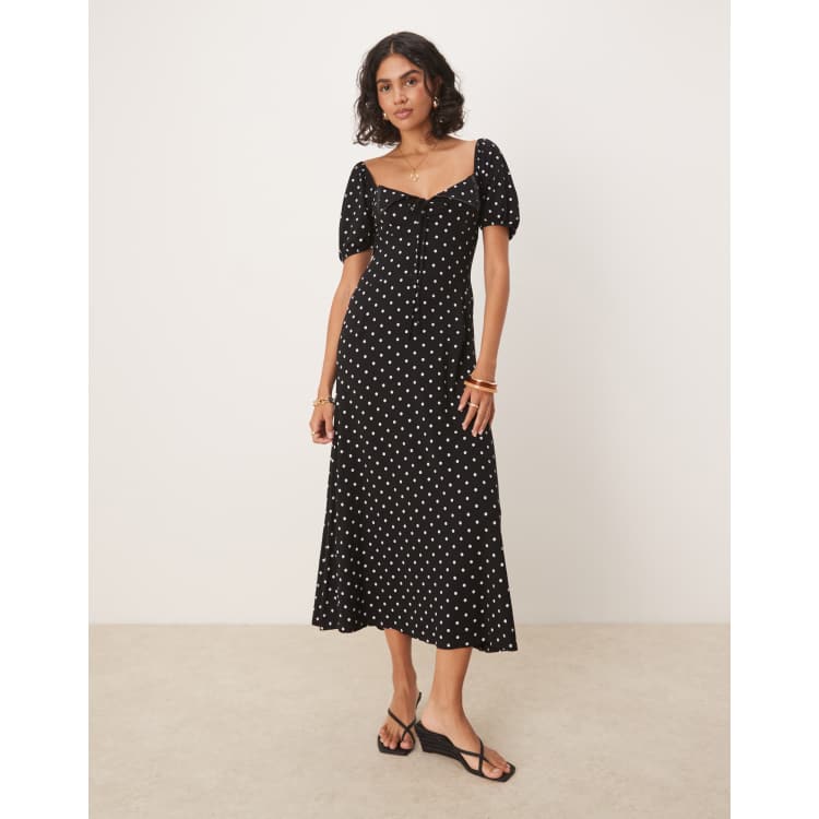 ASOS Design scalloped collar puff sleeve midi tea dress with seam details in Black and White polka dots-Multi