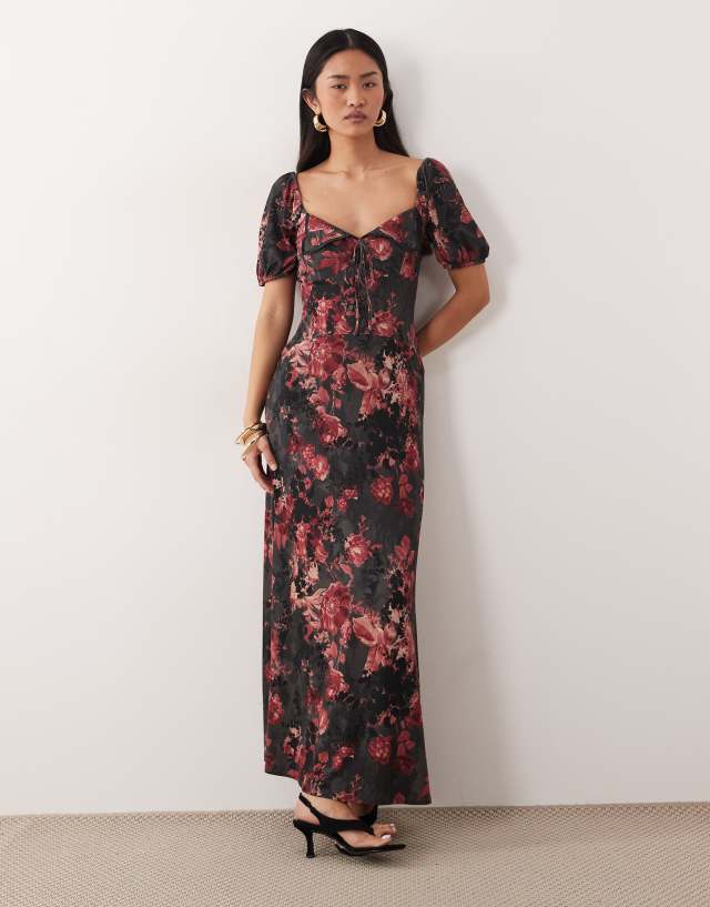 asos design floral midi dress scalloped collar puff sleeve seam detail tea in dark print Summer dress with Montego Mini Dress - Atria Signature Colors:Gucci Green catching floral pattern and mink pink dress