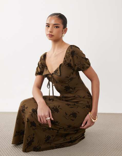 ASOS DESIGN scalloped collar puff sleeve seam detail midi tea dress in khaki floral print - view 1