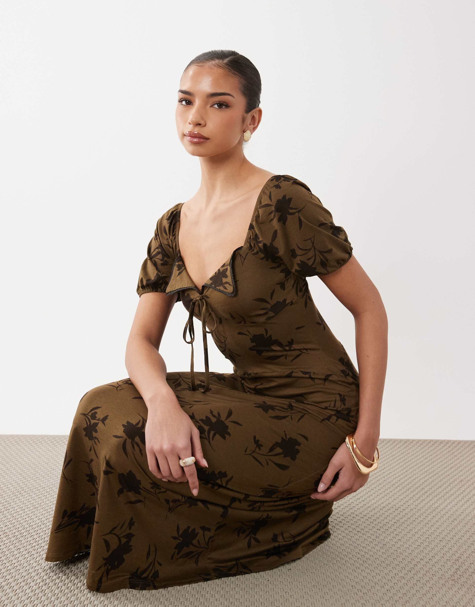 asos design scalloped collar puff sleeve seam detail midi tea dress in khaki floral print