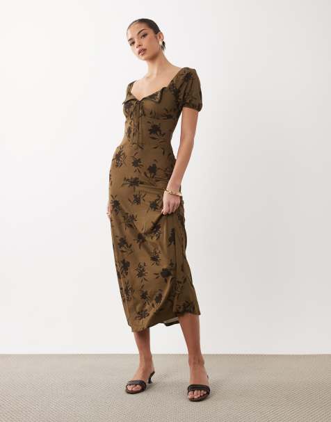 asos design bubble sleeve twist detail midi prom dress ASOS Design - Midi Tea Dress - Women - Polyester/Elastane - 12 US