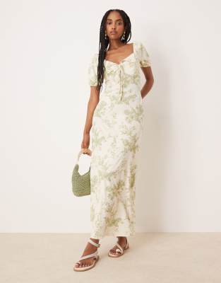 ASOS DESIGN scalloped collar puff sleeve seam detail midi tea dress in vintage floral print - view 1