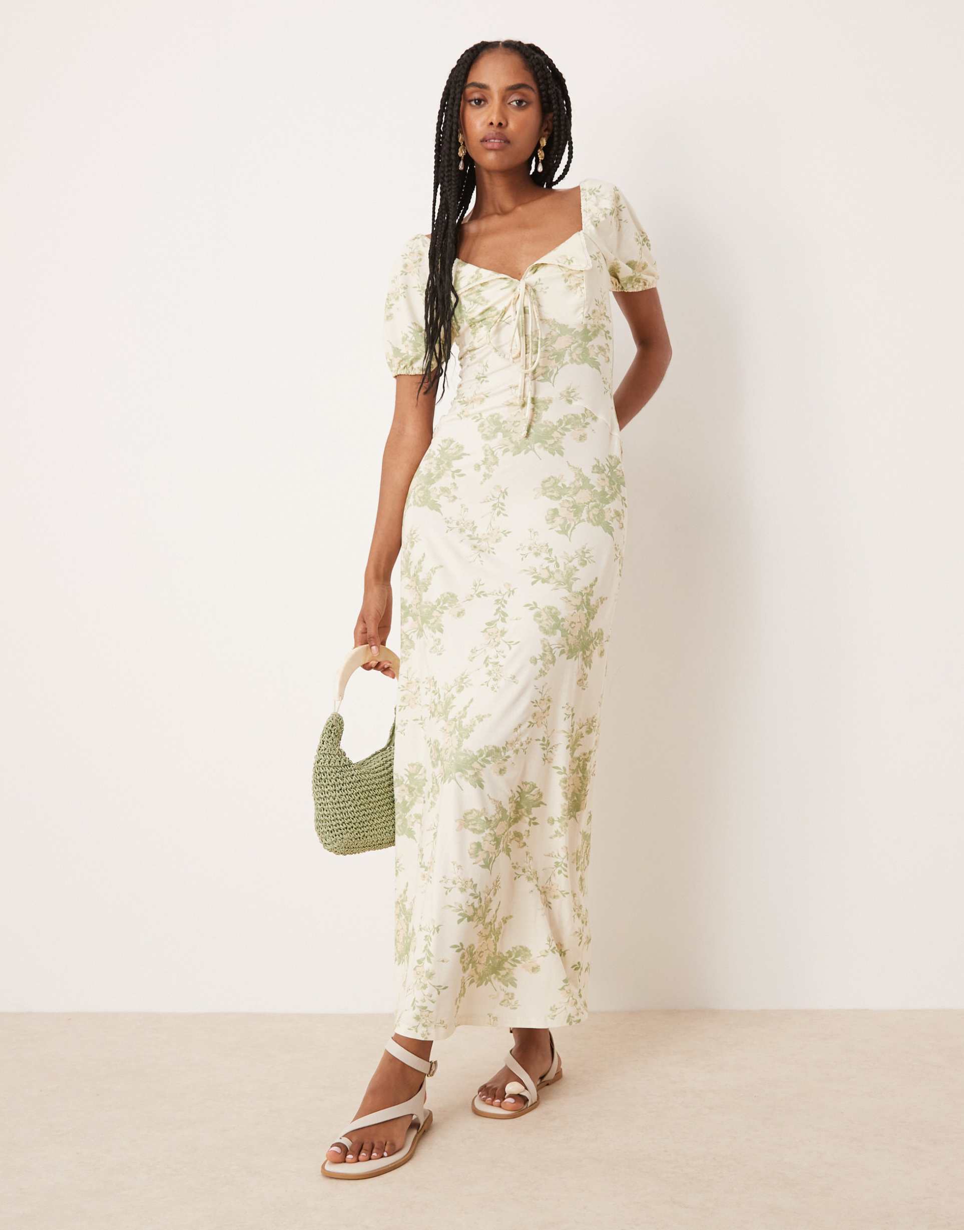 asos design scalloped collar puff sleeve seam detail midi tea dress in vintage floral print