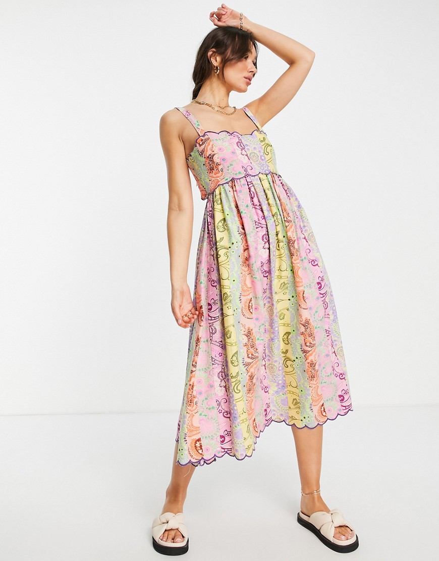 ASOS DESIGN scalloped edge cut-out back midi sundress in mixed paisley floral-Multi