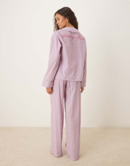 ASOS DESIGN scallop edge woven shirt and trouser pyjama set in pink stripe