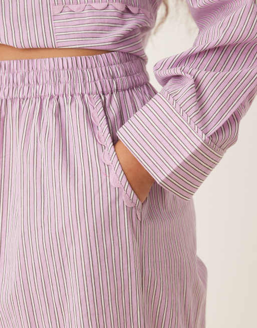 ASOS DESIGN scallop edge woven shirt and trouser pyjama set in pink stripe