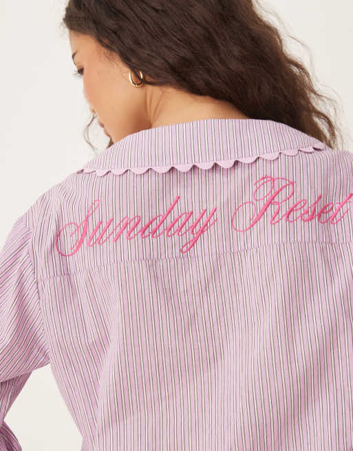 ASOS DESIGN scallop edge woven shirt and trouser pyjama set in pink stripe
