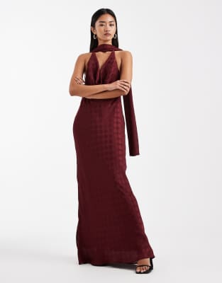 Asos Design Scarf Cowl Neck Maxi Dress In Burgundy