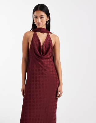 Asos Design Scarf Cowl Neck Maxi Dress In Burgundy