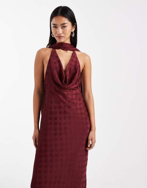 ASOS DESIGN scarf cowl neck maxi dress in plum spot, 2 of 4