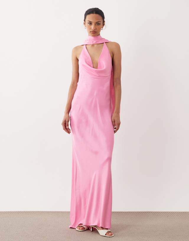 ASOS Design - Scarf Cowl Neck Satin Maxi Dress - Women - Viscose - 12 US