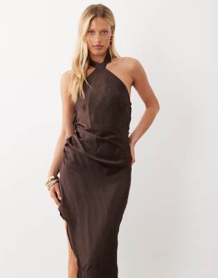 Asos Design Scarf Detail Asymmetric Satin Midaxi Dress In Brown