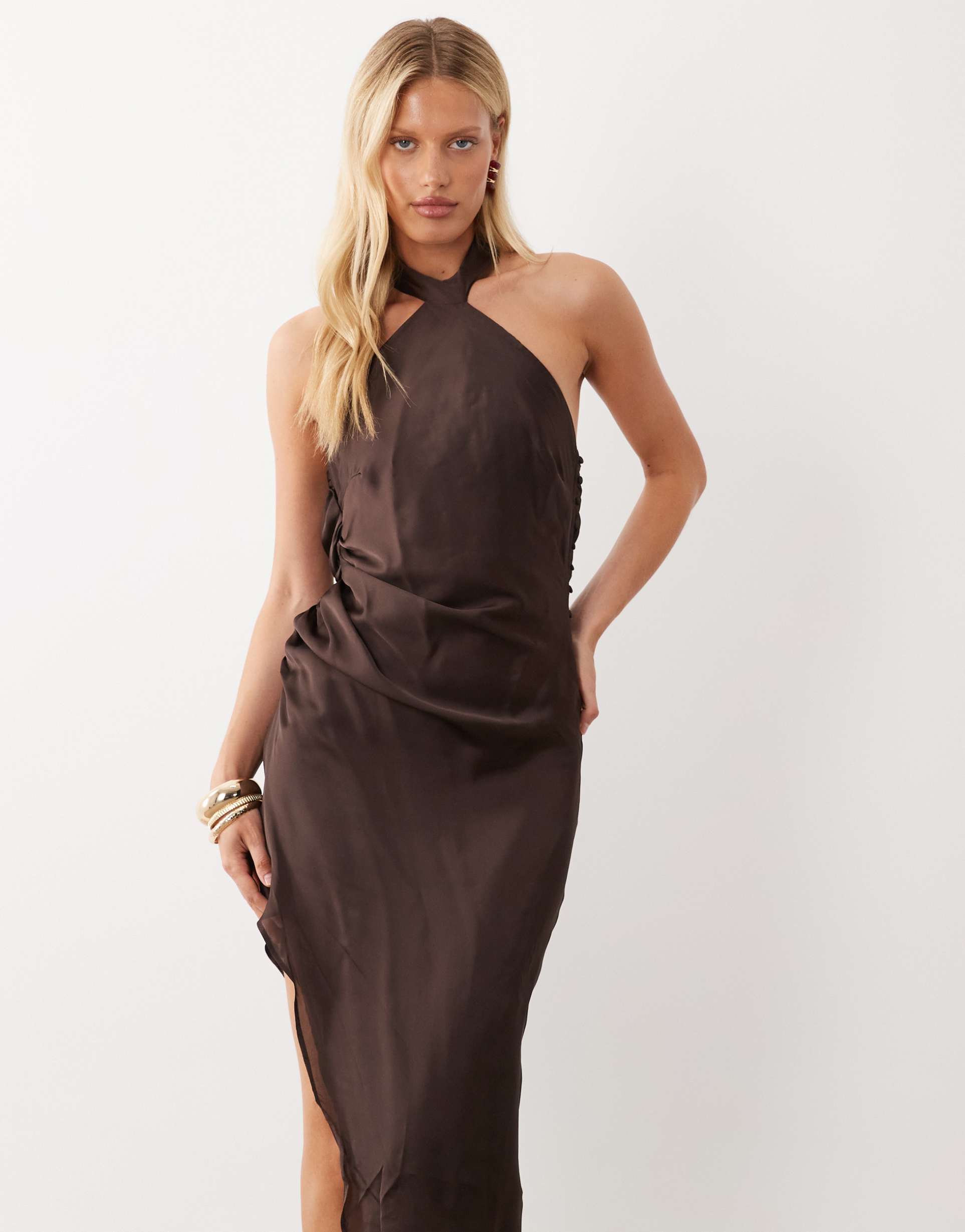 asos design scarf detail asymmetric satin midaxi dress in dark chocolate