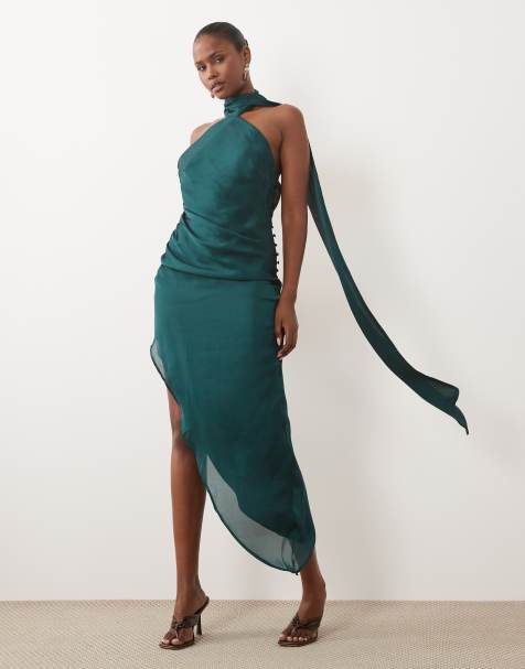 ASOS DESIGN scarf detail asymmetric satin midaxi dress in forest green - view 1