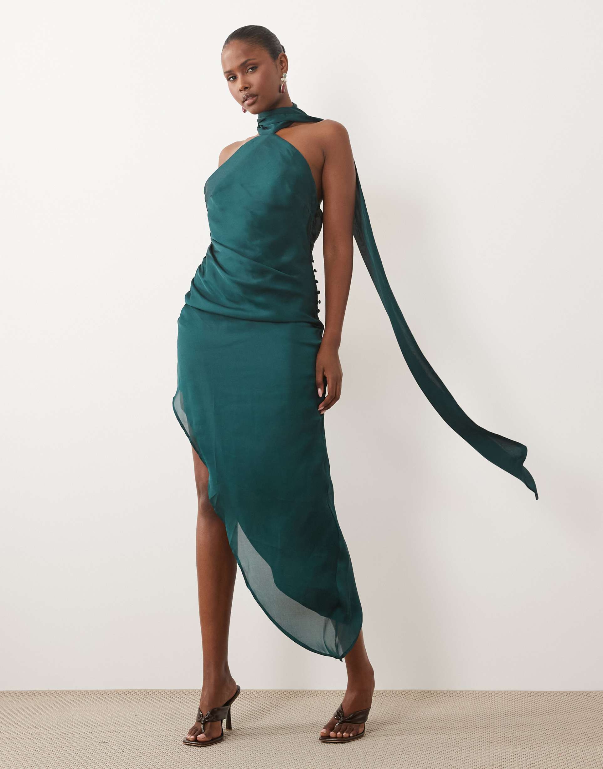 asos design scarf detail asymmetric satin midaxi dress in forest green