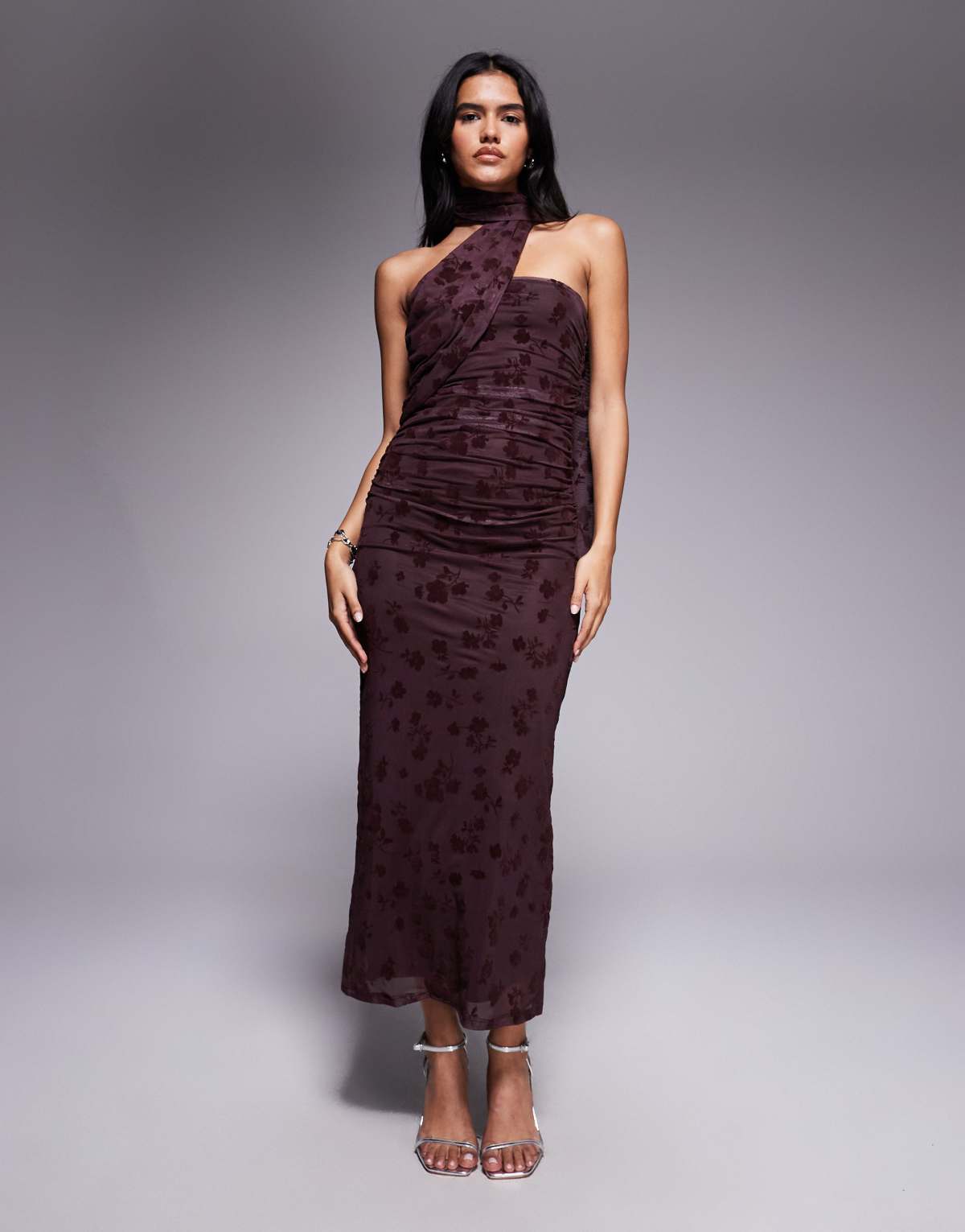ASOS DESIGN scarf detail bandeau maxi dress in chocolate brown
