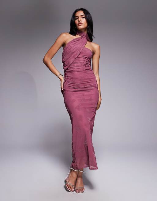 ASOS DESIGN scarf detail bandeau maxi dress in dusky prink, 3 of 4